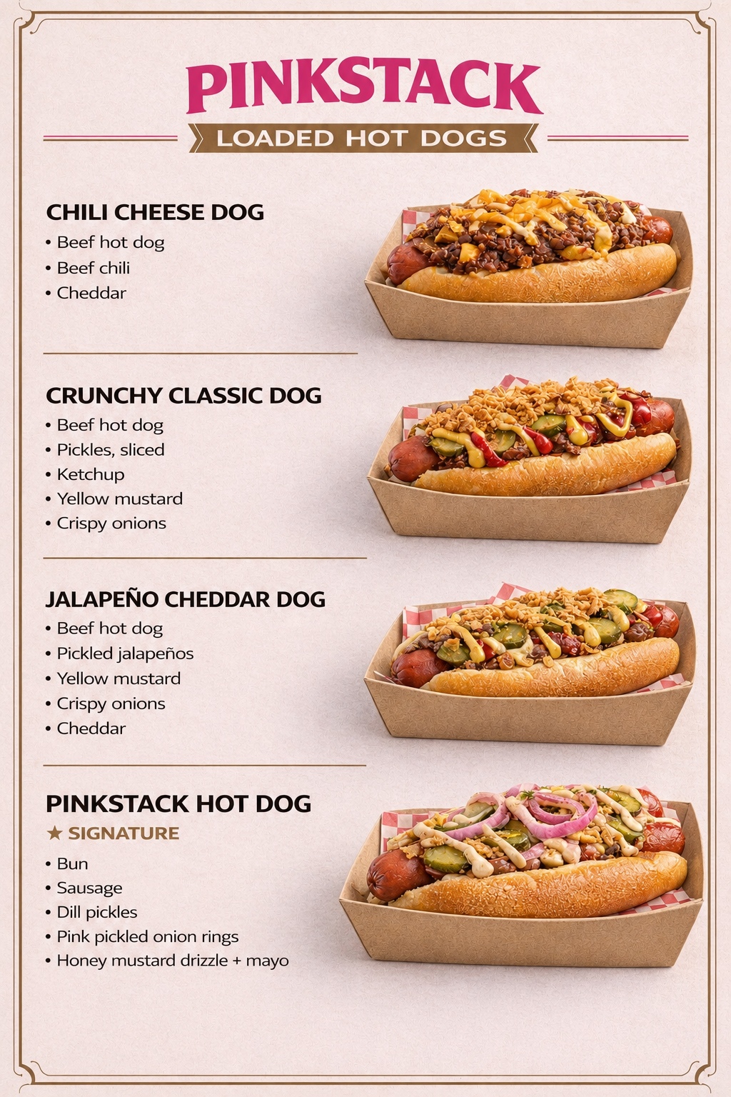 PinkStack loaded hot dogs menu