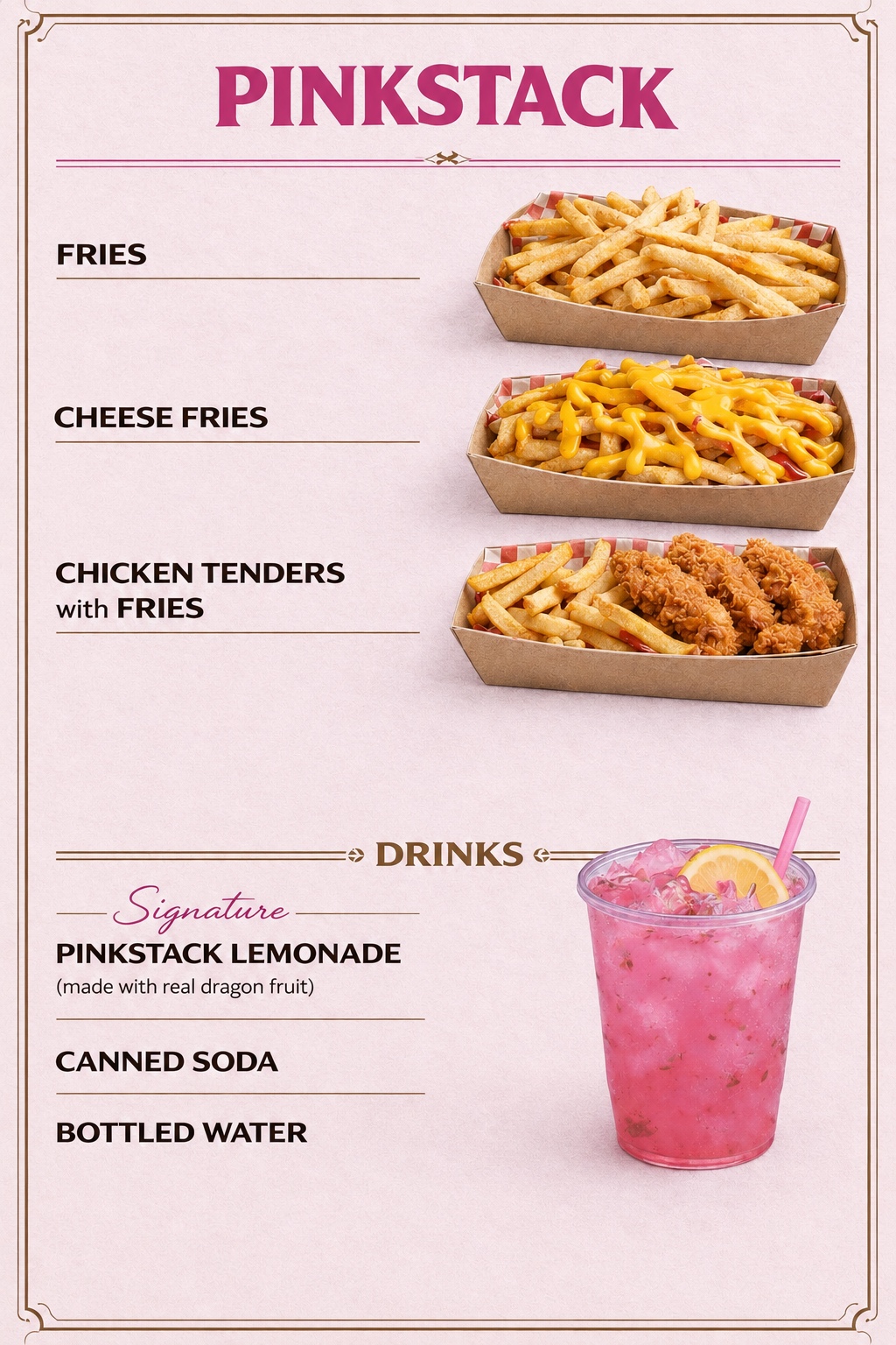 PinkStack fries, drinks, and sides menu