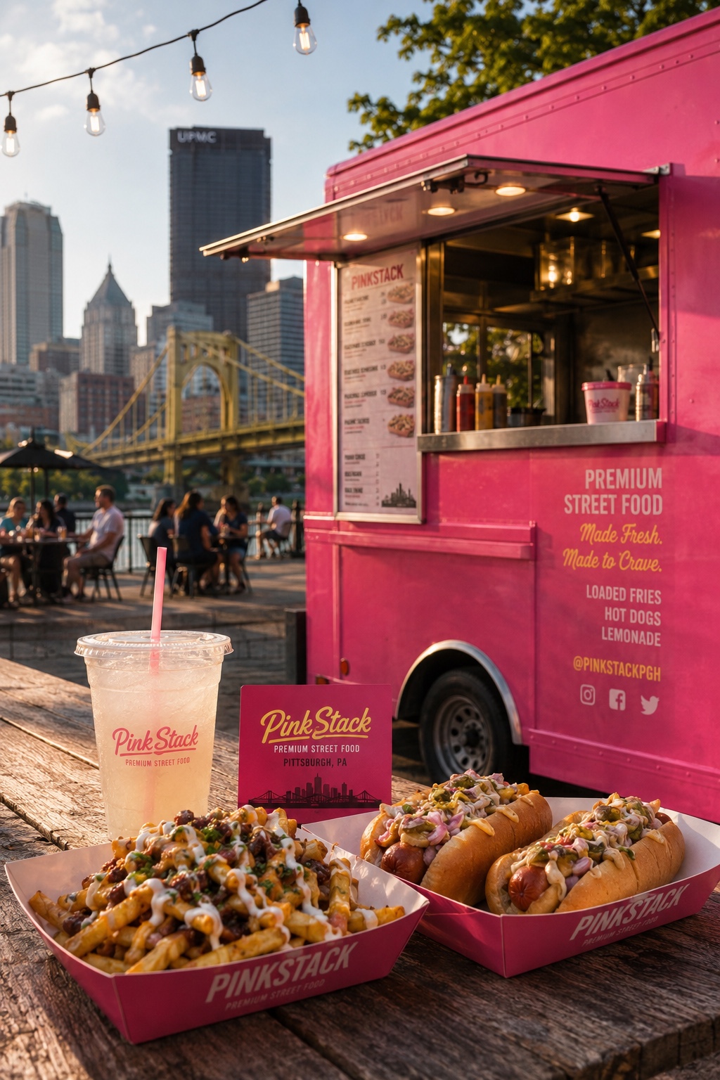 Pink Stack food truck with hot dogs, fries, and lemonade
